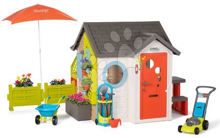 Výhodné sety hračiek - Domček pre záhradníka Garden House Smoby výnimočne rozšíriteľný so záhradným náradím a slnečníkom od 24 mes