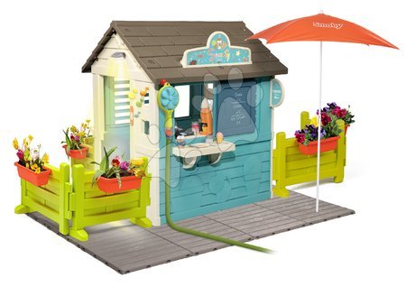 Kerti játszóházak gyerekeknek - Domček s obchodom Sweety Corner Playhouse Smoby s podlahou a kuchynka na veľkej záhradke so sprchou SM810225-A