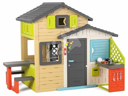 Kerti játszóházak gyerekeknek - Házikó Jóbarátok konyhai pihenőrésszel elegáns színekben Friends House Evo Playhouse Smoby