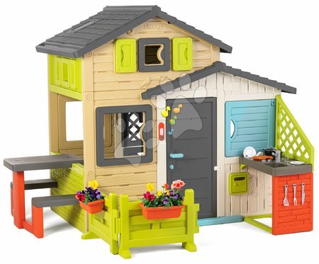 Kerti játszóházak gyerekeknek - Házikó Jóbarátok ideális felszereltséggel elegáns színekben Friends House Evo Playhouse Smoby