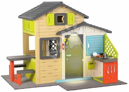 Jucării pentru copilași de la 3 la 6 ani - Căsuța Prietenilor cu loc de stat sub lampă pe pardosea în culori elegante Friends House Evo Playhouse Smoby