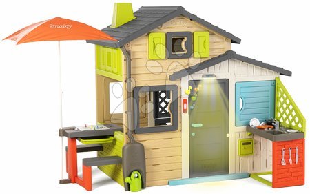 Kleine Spielhäuser für Kinder - Spielaus der Freunde mit Sitzgelegenheiten unter einem Sonnenschirm in eleganten Farben Friends House Evo Playhouse Smoby