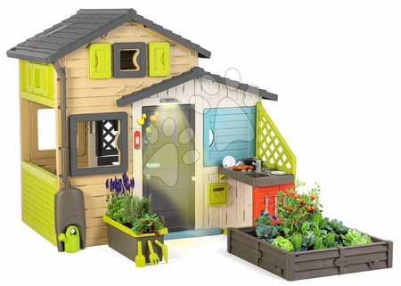  - Hišica Prijateljev s kuhinjico pri cvetličnem vrtu pod lučko Friends House Evo Playhouse Smoby