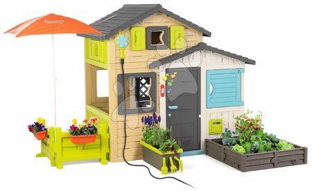 Spielhäuser mit Sandkasten - Spielhaus der Freunde mit einem Garten unter einem Sonnenschirm in eleganten Farben House Evo Playhouse Smoby
