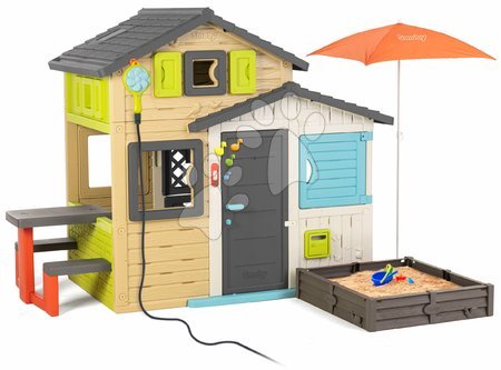 Case per bambini con sabbiera - Casetta degli Amici con tavolo e ombrellone in colori eleganti Friends House Evo Playhouse Smoby