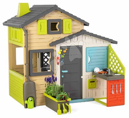 Kleine Spielhäuser für Kinder - Spielhaus der Freunde mit einem Blumentopf neben der Küche in eleganten Farben  Friends House Evo Playhouse Smoby