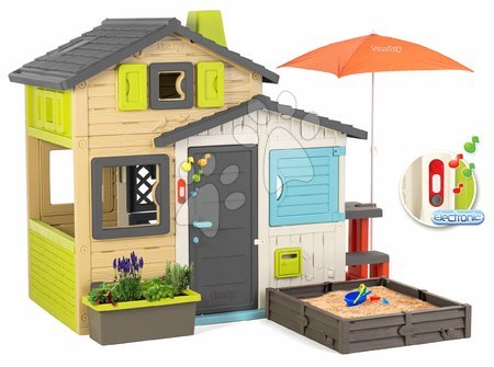 Spielhäuser mit Sandkasten - Spielhaus der Freunde mit Sitzgelegenheiten unter dem Fenster in eleganten Farben Friends House Evo Playhouse Smoby