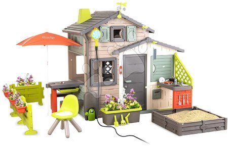 Játékok 3 - 6 éves gyerekeknek - Ökobarát Jóbarátok házikó kerttel a napernyő alatt natúr színvilágban Friends House Evo Playhouse Green Smoby