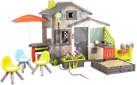 Játékok 3 - 6 éves gyerekeknek - Ökobarát Jóbarátok házikó kerti pihenőrésszel natúr színvilágban Friends House Evo Playhouse Green Smoby