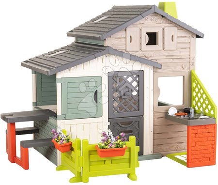 Játékok 3 - 6 éves gyerekeknek - Ökobarát Jóbarátok házikó kerti sarokkal a hátsó konyhánál natúr színvilágban Friends House Evo Playhouse Green Smoby