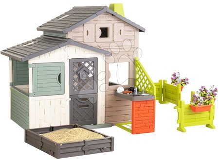 Játékok 3 - 6 éves gyerekeknek - Ökobarát Jóbarátok házikó kerttel és homokozóval natúr színvilágban Friends House Evo Playhouse Green Smoby