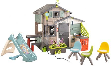 Detské domčeky - Domček Priateľov ekologický s posedením pri šmykľavke s vodnou hrou v prírodných farbách Friends House Evo Smoby