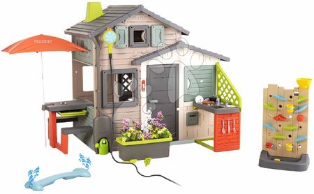 Hračky pre deti od 3 do 6 rokov - Domček Priateľov ekologický s vodnou hrou pri hracej stene v prírodných farbách Friends House Evo Playhouse Green Smoby