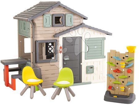  - Căsuța Prietenilor ecologică cu scaune lângă peretele de joacă în culori naturale Friends House Evo Playhouse Green Smoby