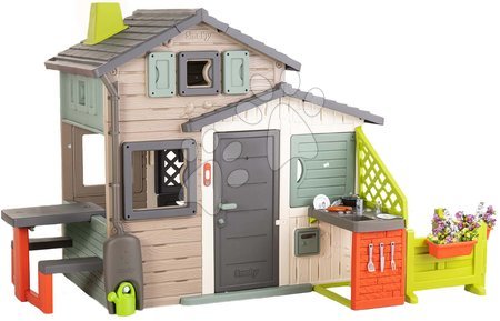 Igračke za djecu od 3 do 6 godina - Kućica Prijatelja ekološka s vrtićem pored kuhinje u prirodnim bojama Friends House Evo Playhouse Green Smoby