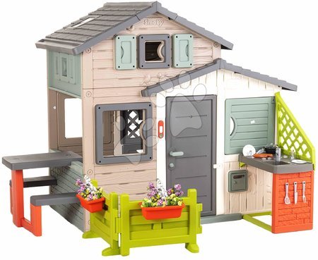 Dětské domečky - Domeček Přátel ekologický se zahrádkou před domkem v přírodních barvách Friends House Evo Playhouse Green Smoby