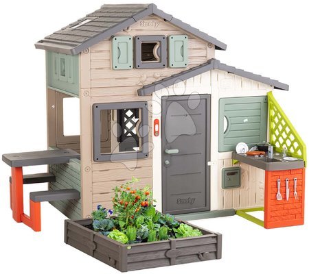 Detské domčeky - Domček Priateľov ekologický s pieskoviskom na záhrade v prírodných farbách Friends House Evo Playhouse Green Smoby