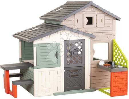 Jucării pentru copilași de la 3 la 6 ani - Căsuța Prietenilor ecologică cu bucătărie în spate în culori naturale Friends House Evo Playhouse Green Smoby