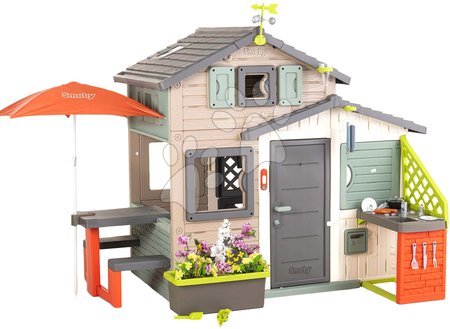 Jucării pentru copilași de la 3 la 6 ani - Căsuța Prietenilor ecologică cu parasolar pentru meteorologi în culori naturale Friends House Evo Playhouse Green Smoby