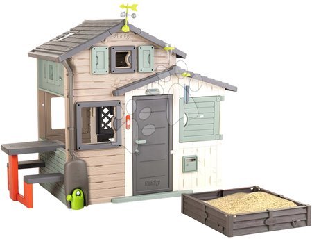 Detské domčeky - Domček Priateľov ekologický s pieskoviskom pri odkvape v prírodných farbách Friends House Evo Playhouse Green Smoby