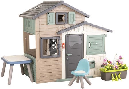 Otroške hišice - Dom prijateljev Evo Hiša za igro Green Smoby s velikim cvetličnim loncem in orodjem v naravnih barvah