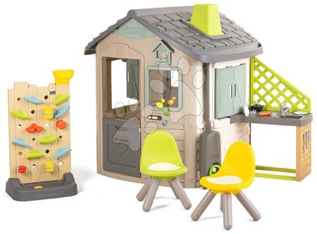Cabanes avec meubles - Maisonnette écologique avec coin salon près du mur de jeu dans des tons naturels bruns Neo Jura Lodge Playhouse Green Smoby
