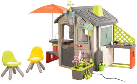 Hračky pre deti od 2 do 3 rokov - Domček ekologický s posedením pod slnečníkom v prírodných farbách Neo Jura Lodge Playhouse Green Smoby
