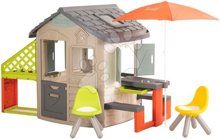novi-proizvod - Kućica ekološka s kutkom za igru pod suncobranom u prirodnim bojama Neo Jura Lodge Playhouse Green Smoby