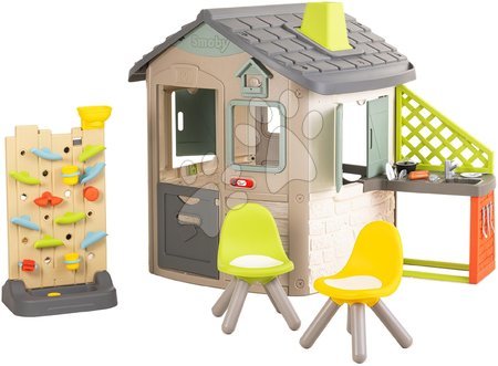 Jucării pentru copilași de la 2 la 3 ani - Căsuță ecologică cu scaune lângă peretele de joacă în culori naturale Neo Jura Lodge Playhouse Green Smoby