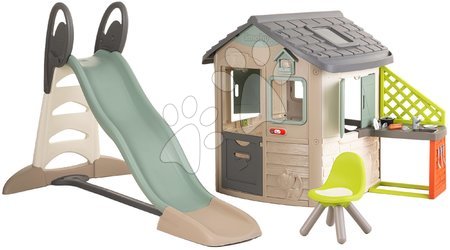 Hračky pre deti od 2 do 3 rokov - Domček ekologický s veľkou šmykľavkou v prírodných farbách Neo Jura Lodge Playhouse Green Smoby