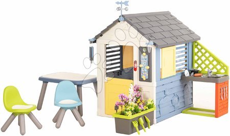 Jucării pentru copilași de la 2 la 3 ani - Căsuța stație meteorologică cu un ghiveci de flori lângă bucătărie Patru anotimpuri 4 Seasons Playhouse Smoby