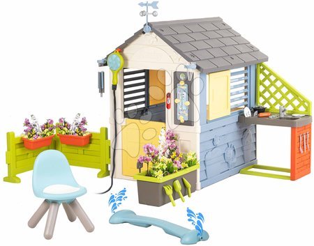 Jucării pentru copilași de la 2 la 3 ani - Căsuța stație meteorologică cu scaun lângă ghiveci Patru anotimpuri 4 Seasons Playhouse Smoby