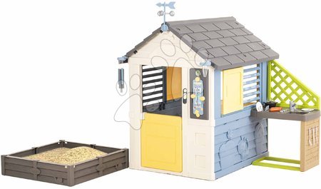 Kerti játszóházak homokozóval - Házikó meteorológiai állomás konyhával és csengővel natúr színvilágban Négy évszak 4 Seasons Playhouse Smoby