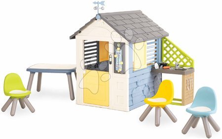 Újdonság - Házikó meteorológiai állomás kerti asztallal és székekkel natúr színvilágban Négy évszak 4 Seasons Playhouse Smoby