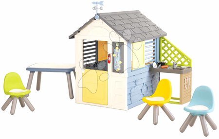 Jucării pentru copilași de la 2 la 3 ani - Căsuța stație meteorologică cu masă de grădină și scăunele în culori naturale Cele patru anotimpuri 4 Seasons Playhouse Smoby