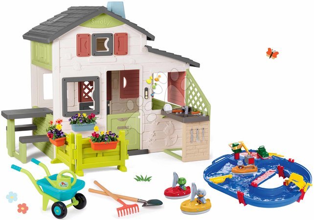 Domki z torem wodnym - Zestaw domek Przyjaciół z frontowym ogródkiem i wodną drogą Start Set Friends House Life Smoby