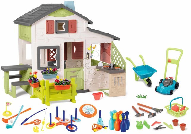 Căsuțe cu unelte - Set căsuța Prietenilor cu grădină și roabă cu mașină de tuns iarba Friends House Life Smoby