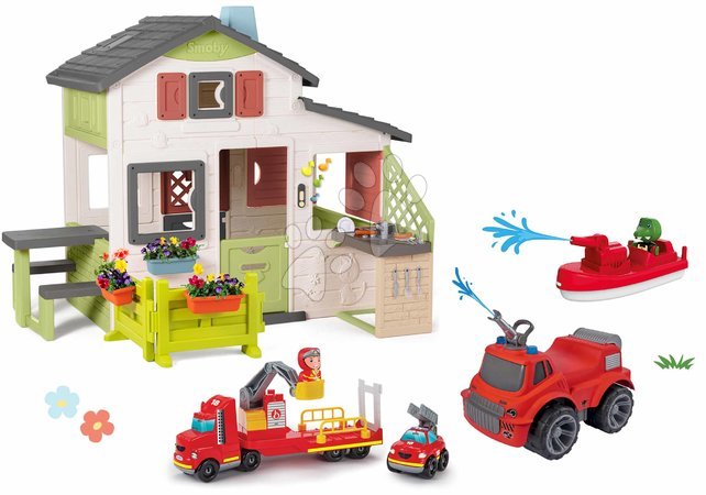 Domečky sety - Set domeček Přátel s předzahrádkou a hasičské auto Friends House Life Smoby