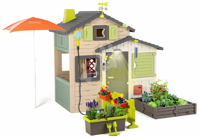 Playhouses with sandpit - Friends House with a garden under the umbrella with a lamp Friends House Evo Playhouse Life Smoby