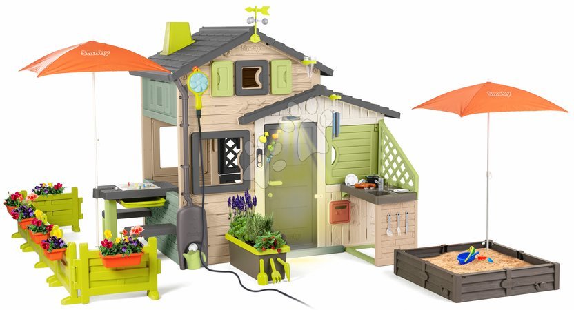 Smoby - Casita de amigos con gran jardín en tonos marrones naturales Friends House Evo Playhouse Green Smoby