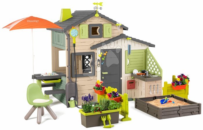 Smoby | Página 2 - Casa de Amigos ecológica con jardín bajo un sombrilla en colores marrones naturales Friends House Evo Playhouse Green Smoby