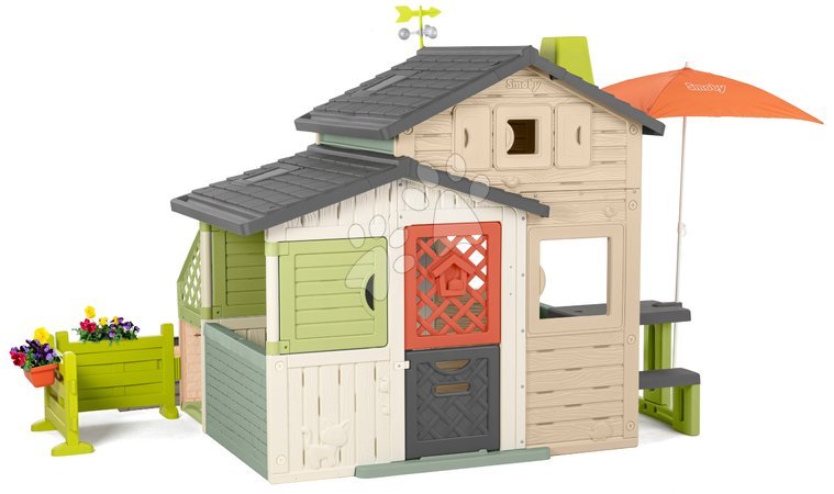 Smoby | Página 2 - Casa de Amigos ecológica con jardín bajo un sombrilla en colores marrones naturales Friends House Evo Playhouse Green Smoby_1