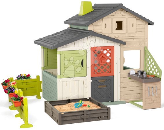 Smoby - Ökobarát Jóbarátok házikó kerttel és homokozóval natúr barna színvilágban Friends House Evo Playhouse Green Smoby