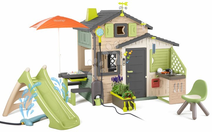 Căsuțe și tobogan pentru grădină - Căsuța Prietenilor ecologică cu tunel de apă sub tobogan în culori naturale maro Friends House Evo Playhouse Life Smoby