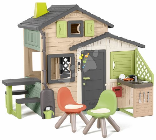 de 3 à 6 ans - Maison des amis écologique avec coin pique-nique dans des tons marron naturel Friends House Evo Playhouse Green Smoby