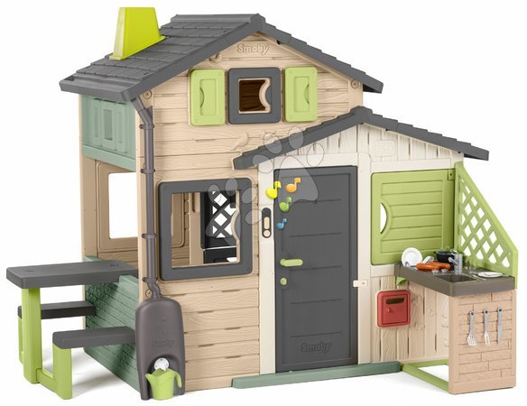 Dětské domečky | Strana 11 - Domeček Přátel ekologický s okapem s konvičkou v natur hnědých barvách Friends House Evo Playhouse Green Smoby