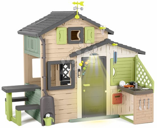 de 3 à 6 ans - Maison des Amis Evo Playhouse Green Smoby avec éclairage de jardin écologique dans des tons marron naturel.