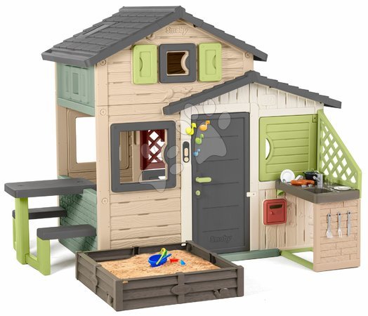 Speziell nur bei uns  | Seite 3 - Spielhaus der Freunde ökologisch mit einem Sandkasten im Garten in natürlichen Brauntönen Grün Smoby