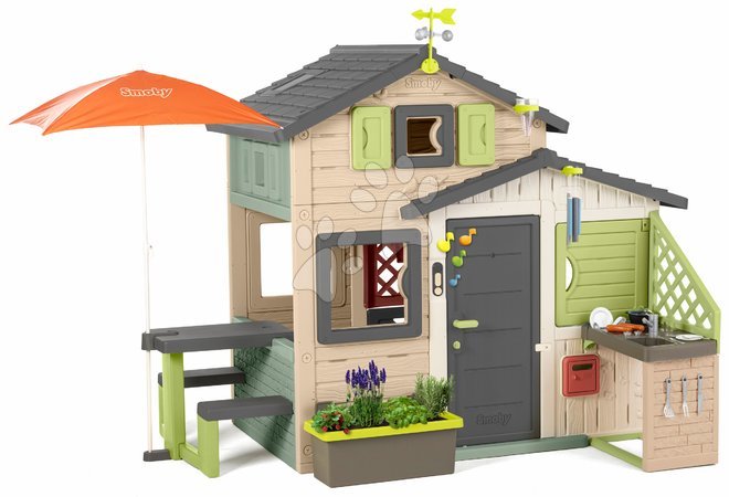de 3 à 6 ans - Maison des Amis écologique avec parasol pour les météorologues en couleurs naturelles brunes Friends House Evo Playhouse Gree