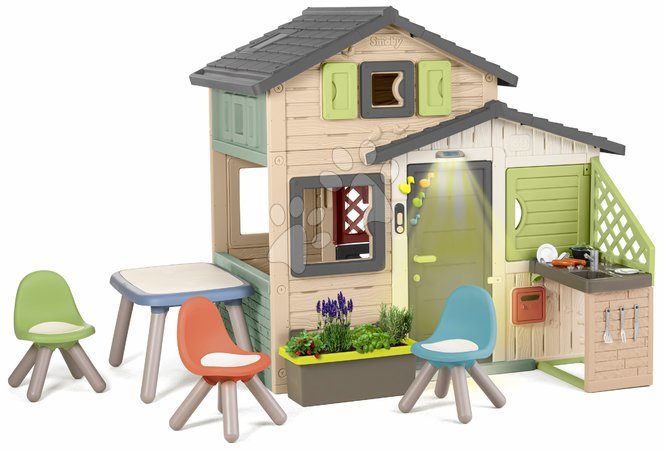de 3 à 6 ans - Maison des Amis écologique avec coin salon de jardin dans des tons naturels Friends House Evo Playhouse Green Smoby